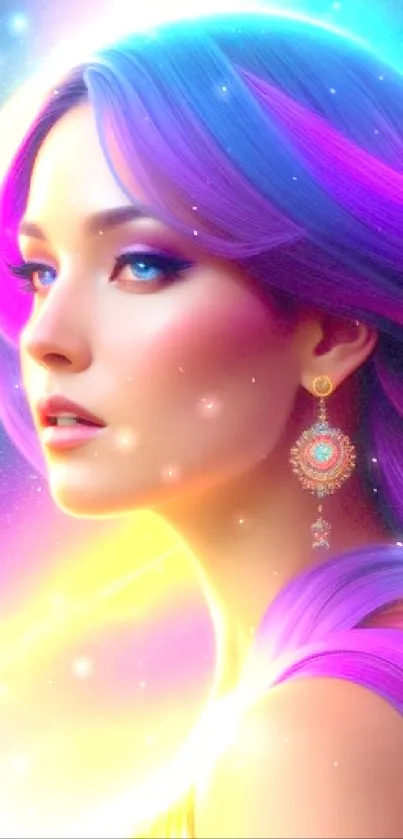 Vibrant cosmic woman with neon colors set in a dreamy galaxy background.