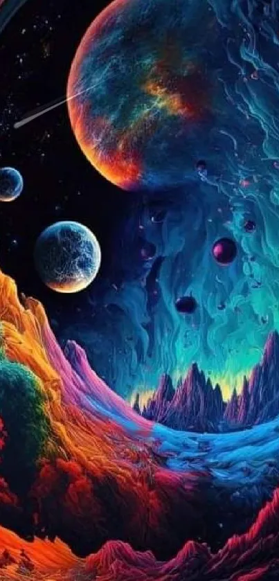 A colorful cosmic Yin Yang wallpaper with vibrant planets and stars.