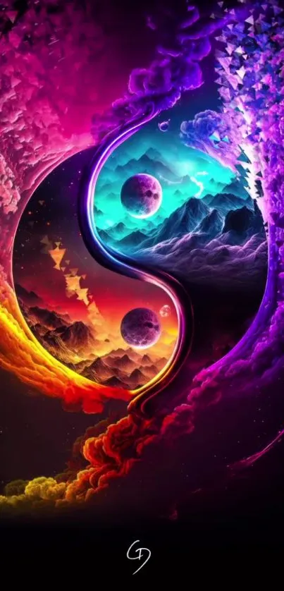 Vibrant cosmic Yin Yang mobile wallpaper