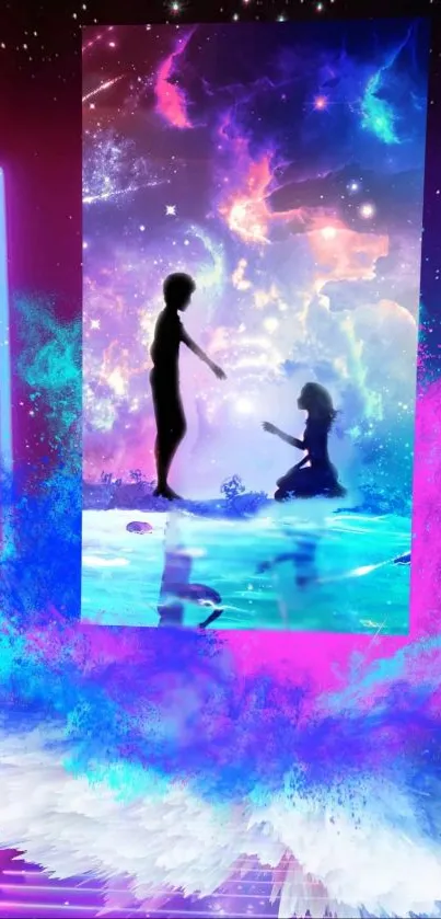 Silhouette figures in a vibrant galaxy scene wallpaper.