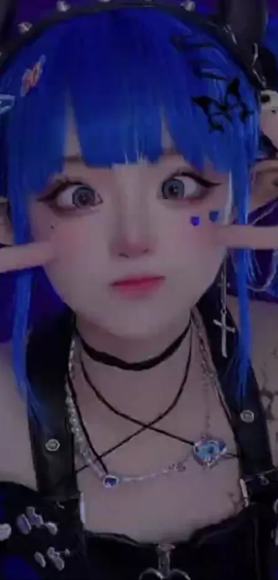 Vibrant cosplay character with electric blue hair and edgy accessories.