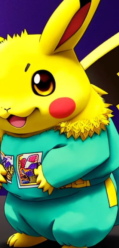 Pikachu in colorful cosplay with a vibrant background.