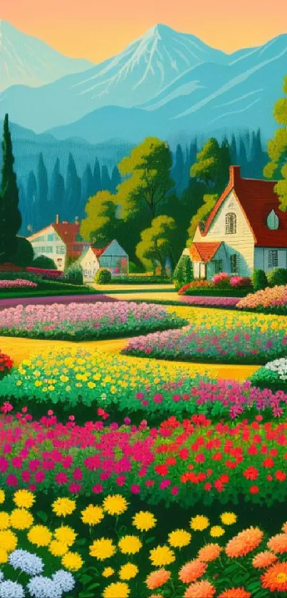 Colorful garden with cottages and mountains wallpaper.