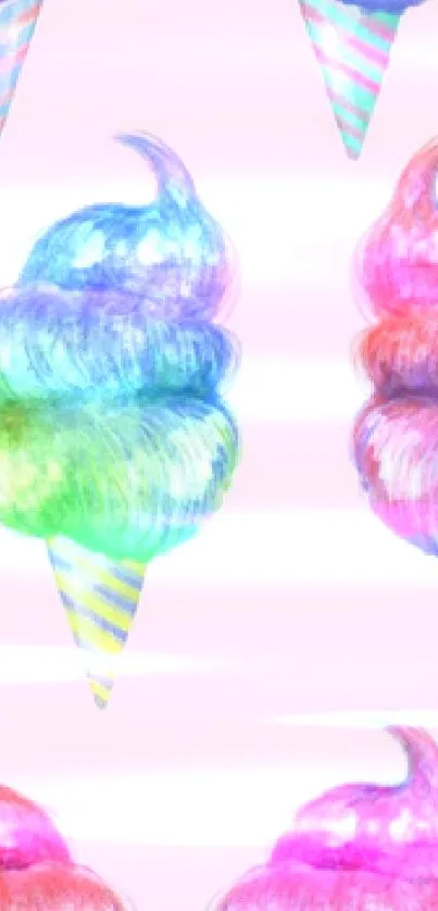 Colorful cotton candy ice cream cones on pink background.