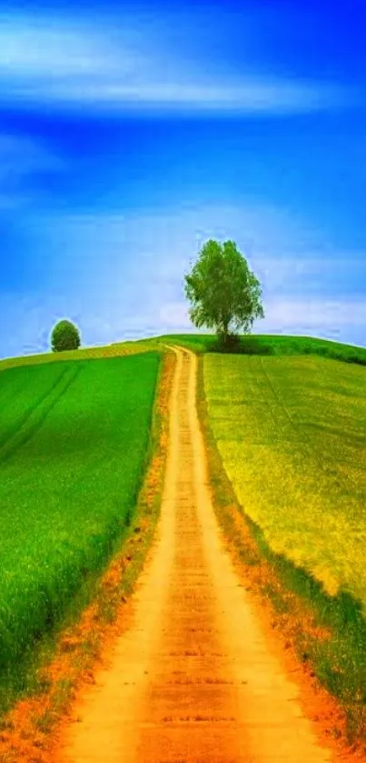 A vibrant landscape with a dirt road, green fields, and a blue sky.