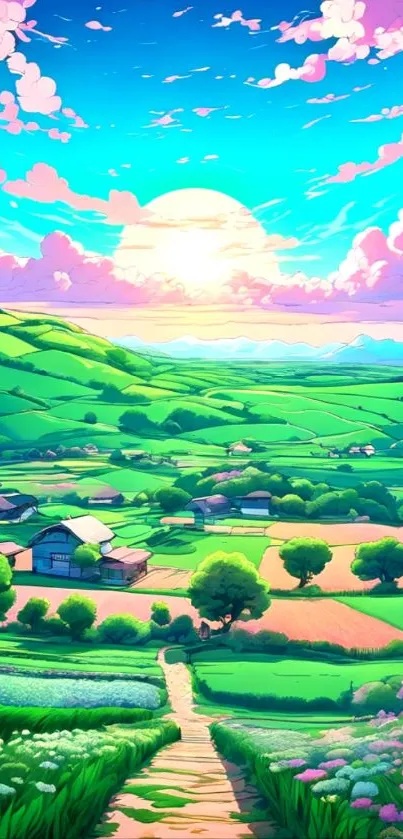 Anime-style green fields under a colorful sunset sky.