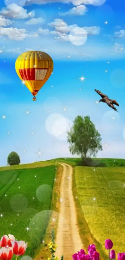 Vibrant countryside with hot air balloon and flowers.