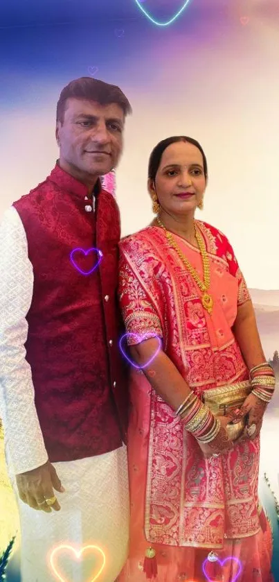 Couple in cultural attire at sunrise with heart designs.