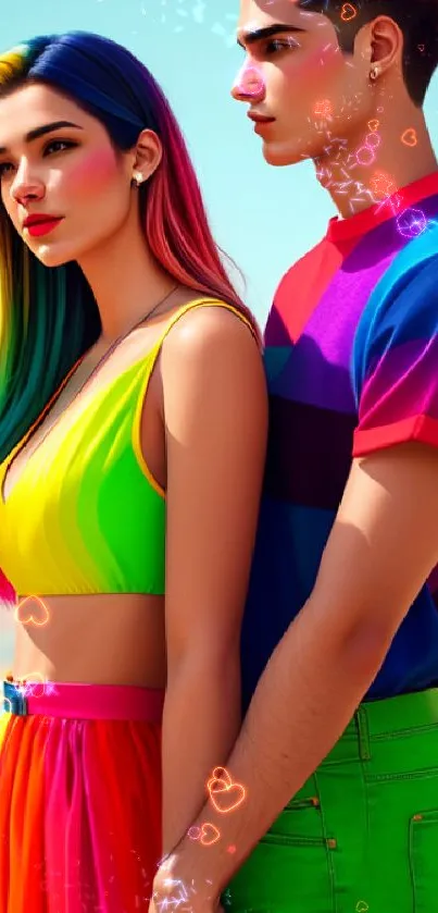 Colorful couple at the beach with rainbow hues and ocean in background.