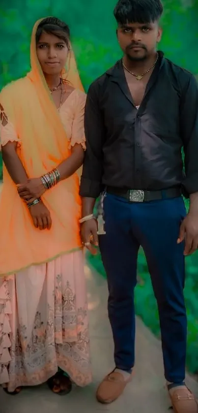 Couple in traditional clothing standing in lush greenery.