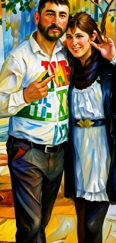 Vibrant painting of a couple with colorful, expressive brushstrokes.