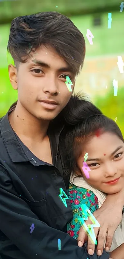 Vibrant couple portrait with colorful background and sparkling elements.