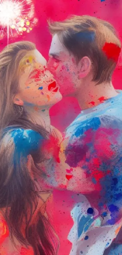 Couples kissing with colorful splashes and vivid red background.