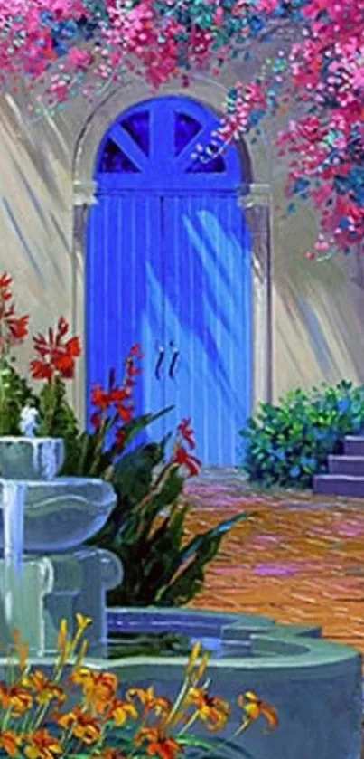 Colorful courtyard with flowers and blue door wallpaper.