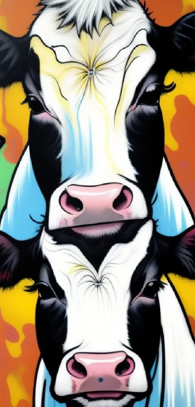 Colorful graffiti-style cow art wallpaper with vibrant hues.