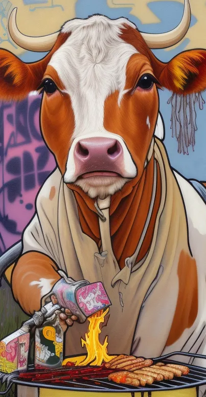 Graffiti-style cow with vibrant colors on a mobile wallpaper.