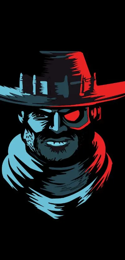 Vibrant cowboy art with red and blue hues on a black background.