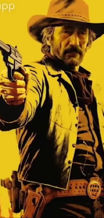 Vibrant cowboy gunman artwork in bold yellow tones.