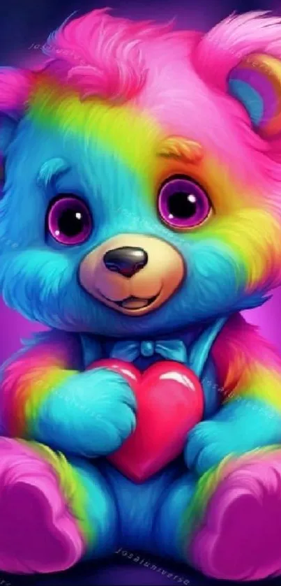 Vibrant rainbow bear holding a heart, colorful and whimsical.