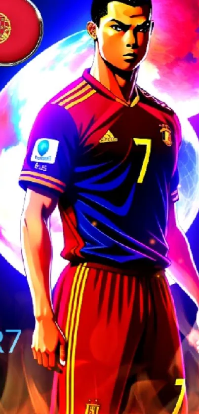 Anime style CR7 with neon and planetary background.