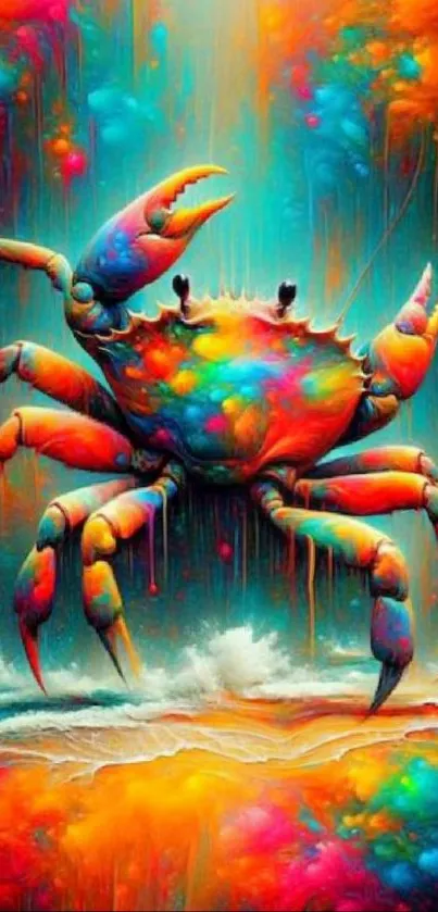 Vibrant abstract art of a colorful crab on a beach.