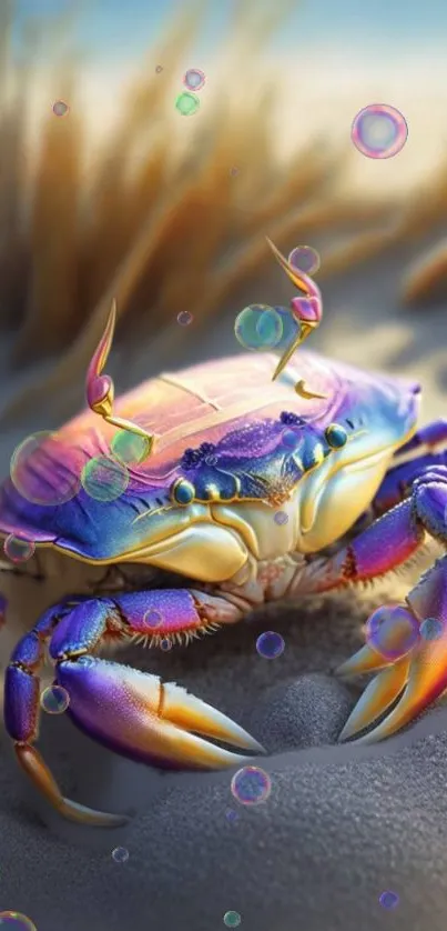 Colorful crab on beach sand with purple hues.