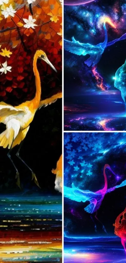 Vibrant artistic wallpaper with cranes in cosmic and fall themes.