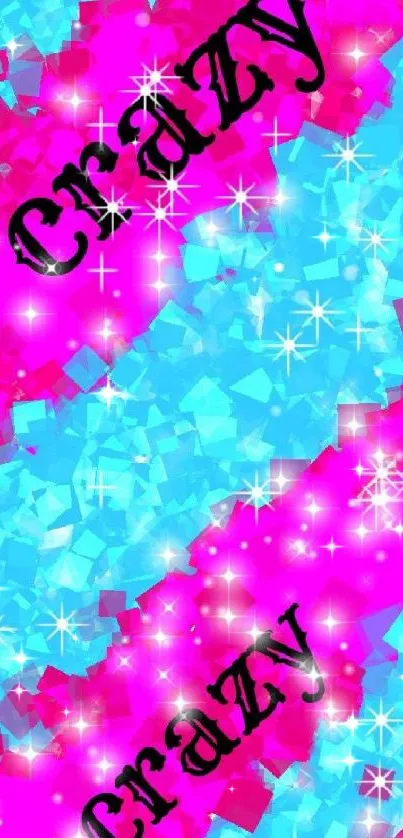 Vibrant blue and pink phone wallpaper with 'Crazy' text.