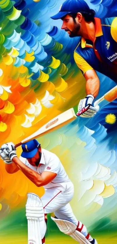 Colorful cricket art wallpaper featuring two players in action.