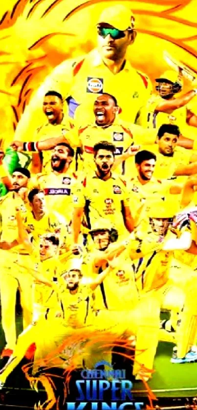 Dynamic cricket team celebrating in vibrant yellow.