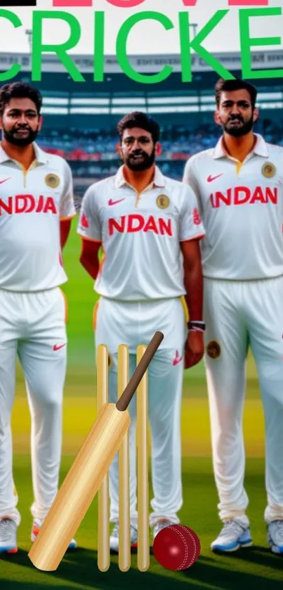 Cricket players on bright green field with bat and ball in a stadium.