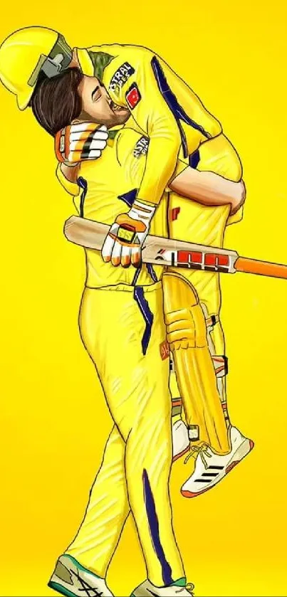 Two cricketers embrace against a vibrant yellow background.