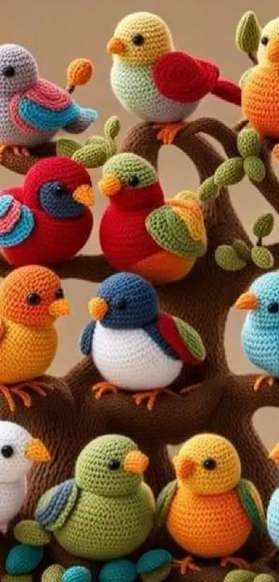 Colorful crochet birds on a branch, showcasing vibrant amigurumi art.