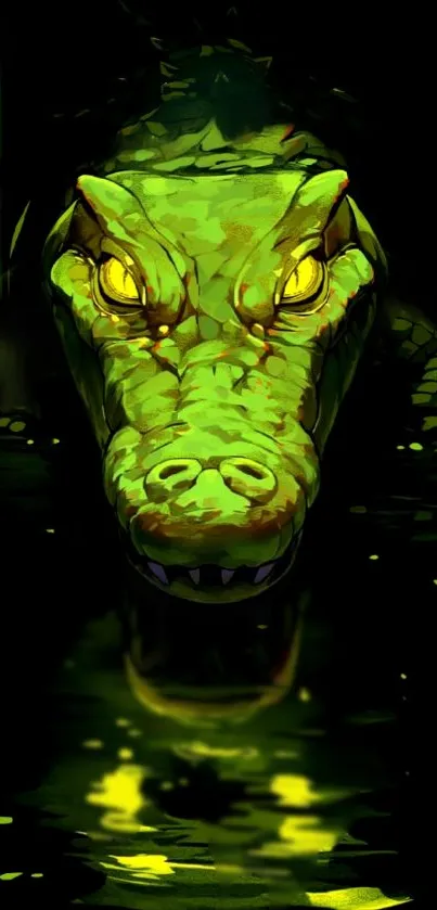 Vibrant green crocodile facing forward in dark setting.