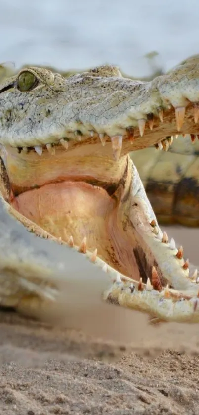 Close-up of a crocodile with open mouth on sandy ground.