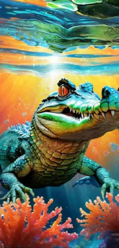 Vibrant crocodile in colorful underwater scene with coral.