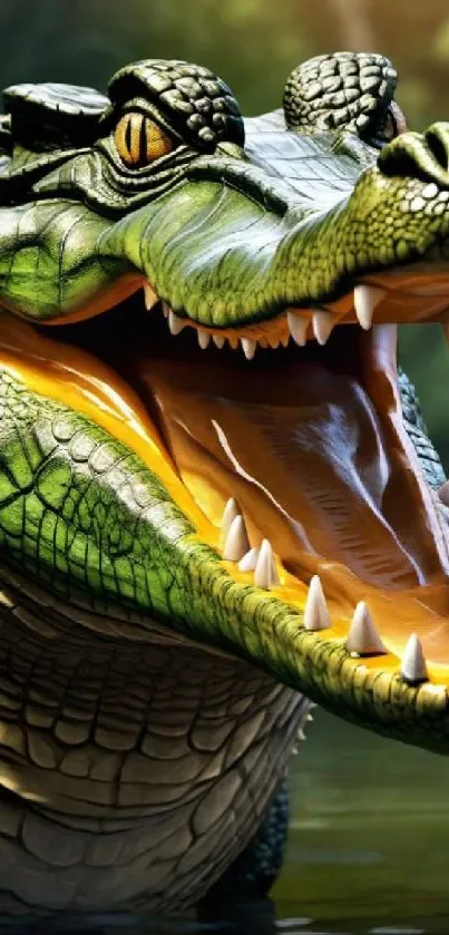 Lifelike crocodile with open mouth in vibrant green setting.