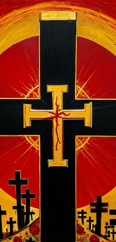 Black cross on red sunburst background, vibrant wallpaper art.