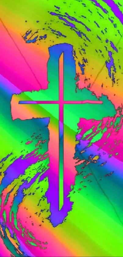 Vibrant cross with neon colors swirling across wallpaper.