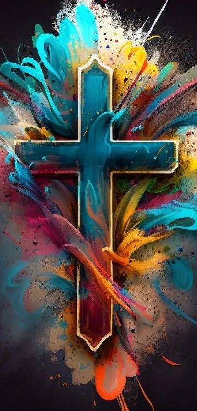 Vibrant cross with colorful splashes on a mobile wallpaper background.