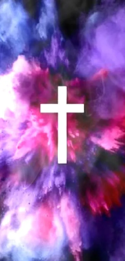 Vibrant cross in a colorful explosion on a black background.