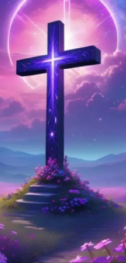 Vibrant cross on hill with purple galactic sky backdrop.