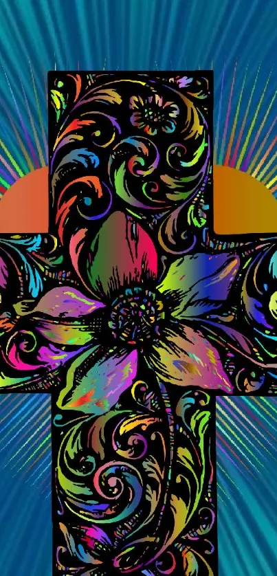 Vibrant cross with floral design on a colorful background