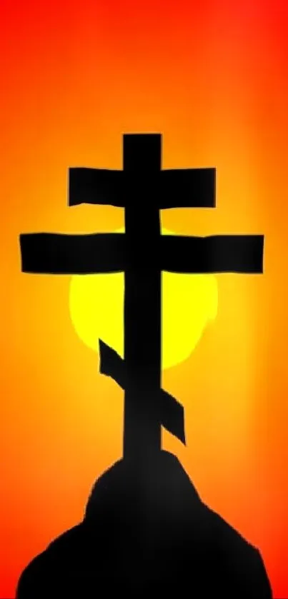 Silhouette of a cross against a vibrant orange sunset background.