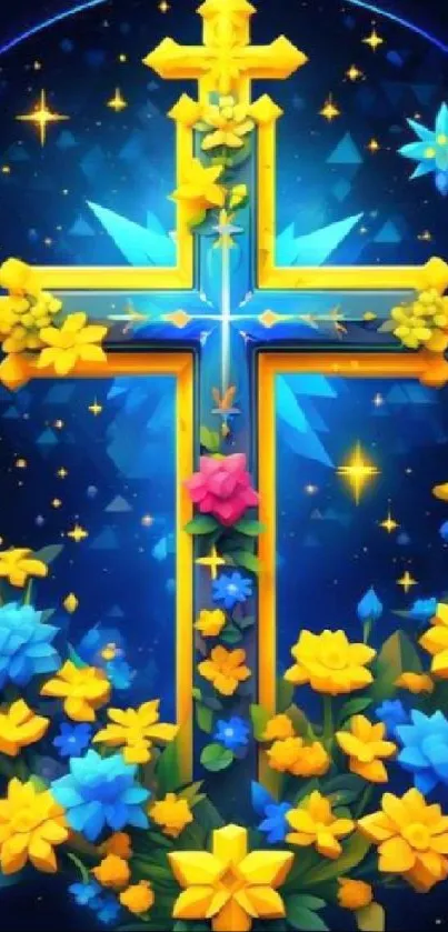 Colorful cross adorned with vibrant flowers.