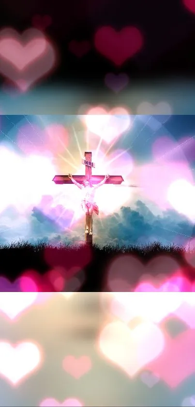 Radiant cross with pink heart shapes in the sky background wallpaper.