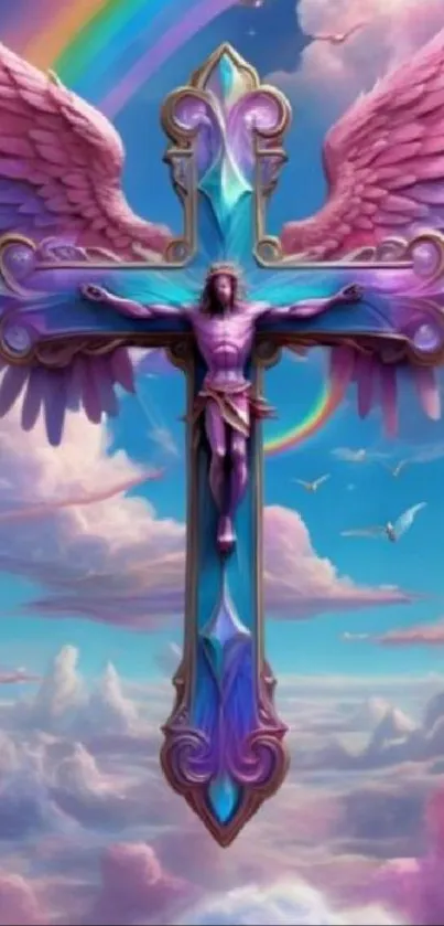 Colorful cross with pink wings on a dreamy sky backdrop.