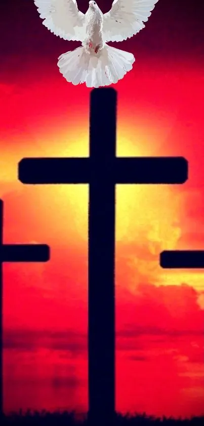Three silhouettes of crosses with a dove in a vibrant sunset.