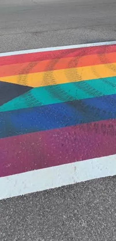 Colorful pride crosswalk wallpaper with rainbow stripes and gray pavement.
