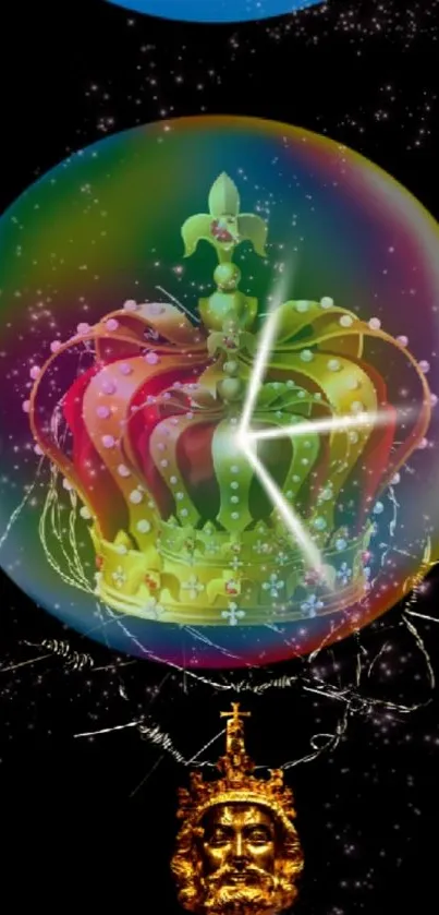Vibrant rainbow crown inside a glowing bubble on dark background.